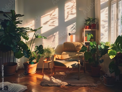 A sun-drenched room with numerous potted plants, a wooden chair, and natural decor elements, exuding a bright and fresh feel, perfect for relaxation and nature lovers. photo