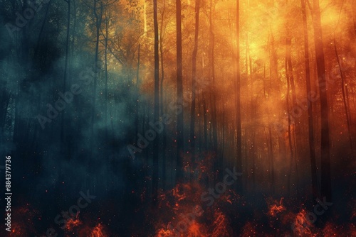 Enchanting view of a forest fire with smoke amidst trees at dusk, invoking a mystical ambiance