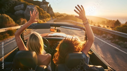 Friends having a fun road trip adventure