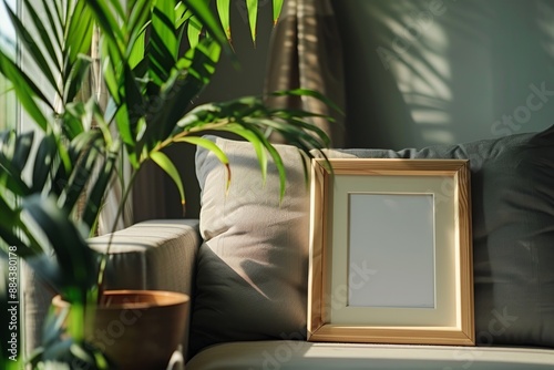 A serene living space corner featuring a blank picture frame resting on a sofa, surrounded by lush green leaves and bathed in warm, natural light, offering a peaceful atmosphere. photo