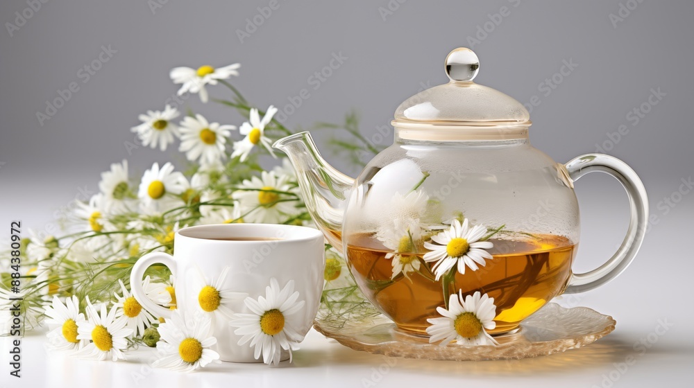 A Tranquil Setting with Freshly Brewed Chamomile Tea and Daisies A Tranquil Setting with Freshly Brewed Chamomile Tea and Daisies