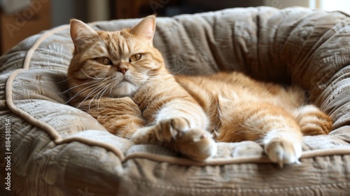 A fat cat lounging in a cat bed, with its paws hanging over the edge.