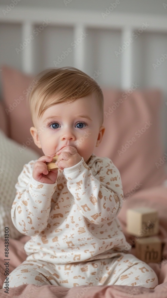 A baby is sitting on a bed and eating a cookie A baby is sitting on a bed and eating a cookie
