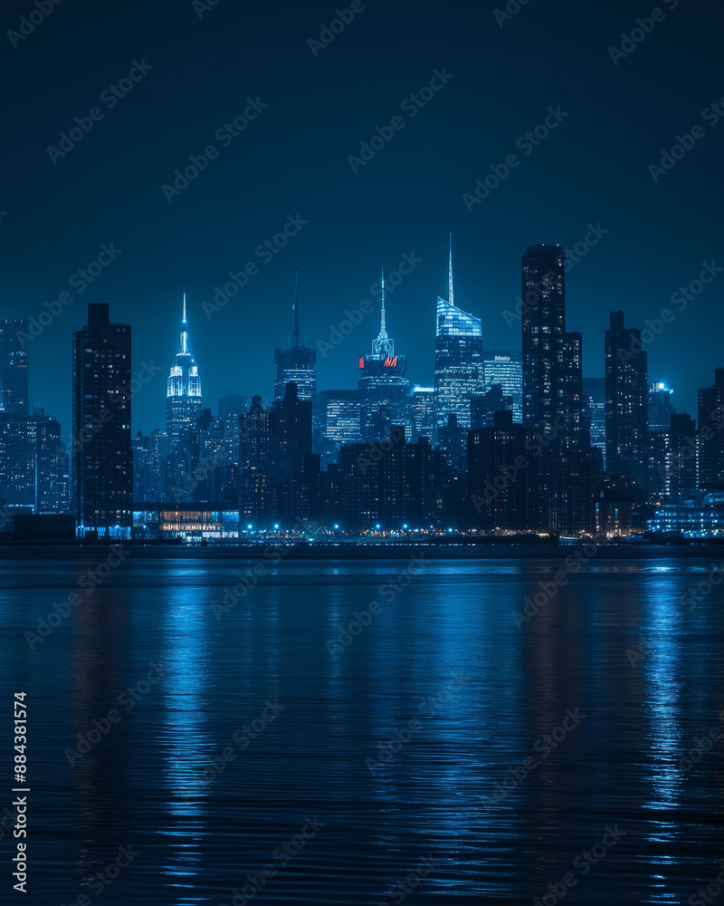 Fototapeta premium A dramatic night view of a city skyline reflected on calm water
