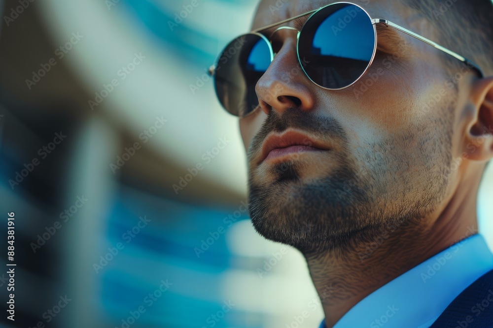 Close-up of a stylish professional man in elegant attire and modern sunglasses