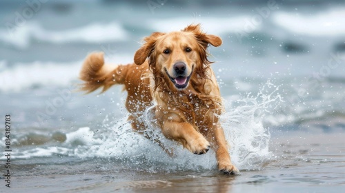 A Golden Retriever running through shallow water at the beach, enjoying a splash.