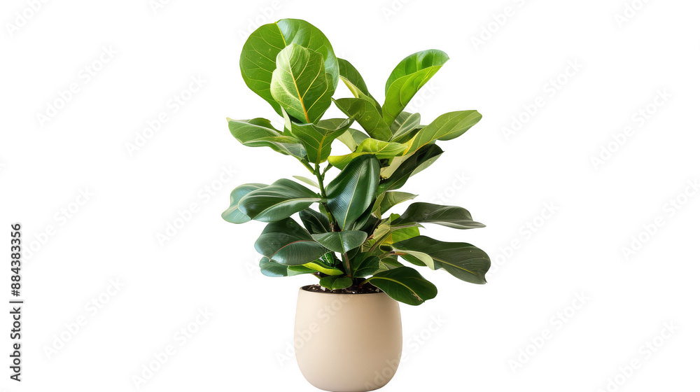 Fiddle leaf fig, rubber plant, and monstera in a sleek ceramic pot, Isolated on a pure white background Fiddle leaf fig, rubber plant, and monstera in a sleek ceramic pot, Isolated on a pure white background