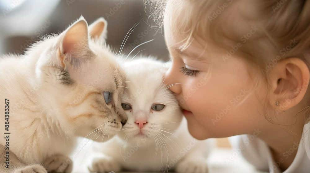 little girl kisses kittens sunny day warm bed little girl kisses kittens sunny day warm bed