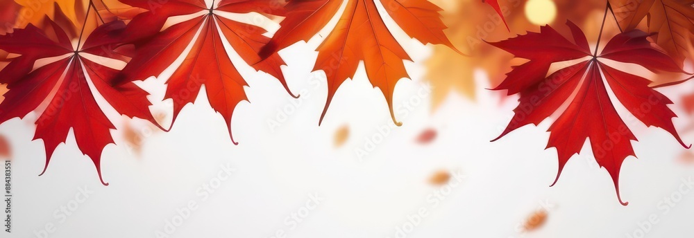 Fototapeta premium Banner Abstract flowing waves with red maples on white background with beautiful bokeh and with copy space 