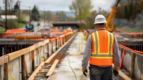 A construction worker wearing a safety vest walks across a bridge. The scene is set in a construction zone, with orange and yellow caution tape marking off the area. The worker is focused on his task photo