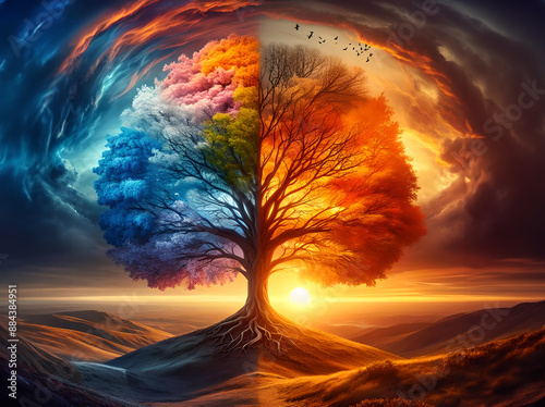 Tree with the characteristics from four seasons in a sunset landscape