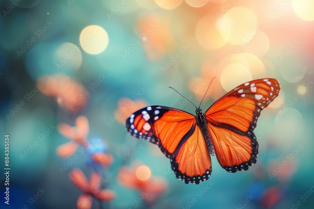 Fototapeta premium Vibrant monarch butterfly perches delicately amidst a bokeh of soft blue lights