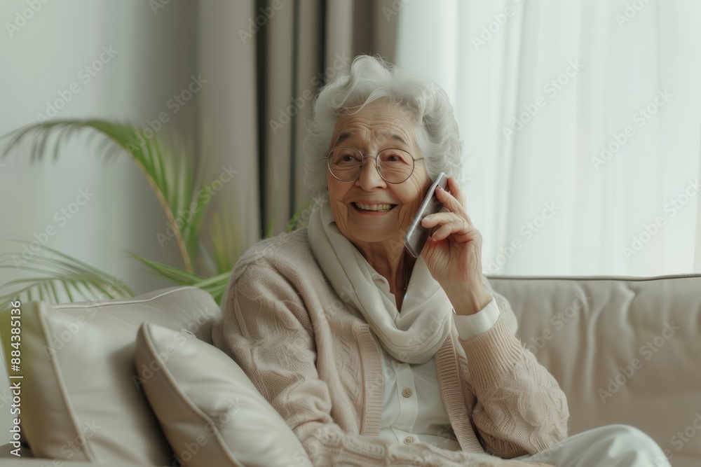 Smiling grandmother calls by smartphone, while sitting on the sofa. AI generative Smiling grandmother calls by smartphone, while sitting on the sofa. AI generative