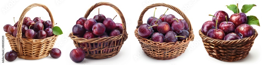 Four baskets filled with fresh plums, showcasing ripe, juicy fruits in wicker baskets on a white background. Four baskets filled with fresh plums, showcasing ripe, juicy fruits in wicker baskets on a white background.