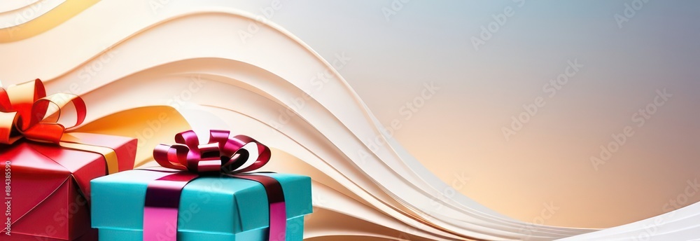 Banner Abstract flowing waves with gifts on white background with beautiful bokeh and with copy space Banner Abstract flowing waves with gifts on white background with beautiful bokeh and with copy space