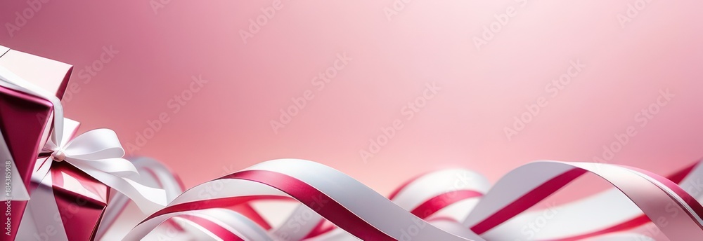 Banner Abstract flowing waves with gifts on white background with beautiful bokeh and with copy space Banner Abstract flowing waves with gifts on white background with beautiful bokeh and with copy space