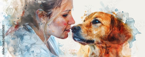 Watercolor style, vet vaccinating a dog, veterinary care, preventative healthcare photo