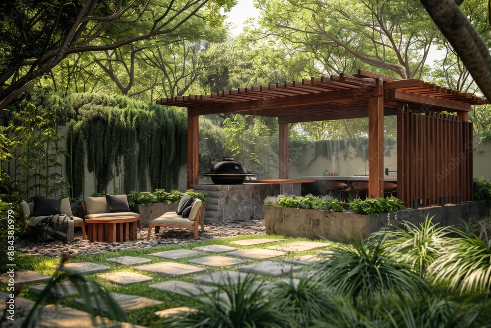 This image showcases a tranquil garden scene, featuring a dedicated barbecue zone and comfortable seating arrangements, inviting relaxation and socialization. This image showcases a tranquil garden scene, featuring a dedicated barbecue zone and comfortable seating arrangements, inviting relaxation and socialization.