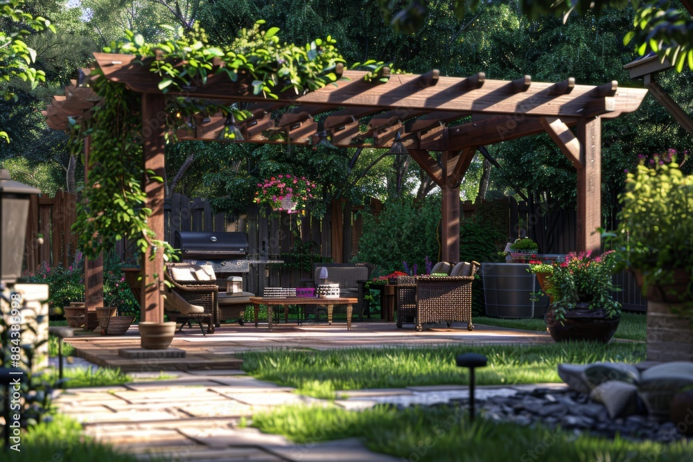 Fototapeta premium Escape to a tranquil retreat in your own backyard, complete with a charming pergola and inviting seating areas. Perfect for relaxation and entertainment.