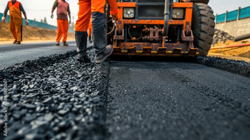 Workers using heavy machinery to lay asphalt on a road. Workers using heavy machinery to lay asphalt on a road.