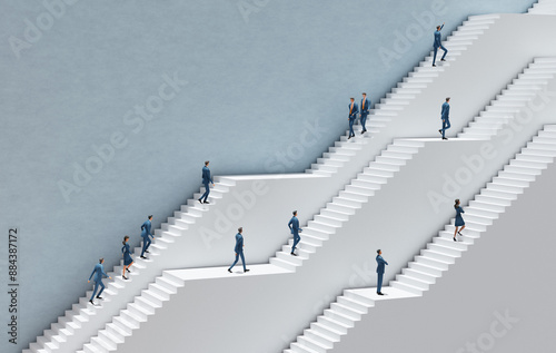 Business people walking up on big  stairs, business concept. Abstract business environment with massive stairs going up and people acting business people. 3D rendering 