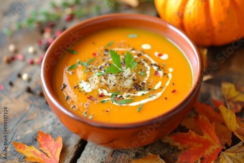 Vibrant bowl of pumpkin soup garnished with herbs and spices, surrounded by autumn leaves