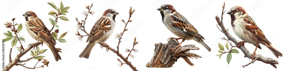 Illustration of four sparrows perched on branches with foliage and flowers, showcasing detailed birdwatching and nature art. Illustration of four sparrows perched on branches with foliage and flowers, showcasing detailed birdwatching and nature art.