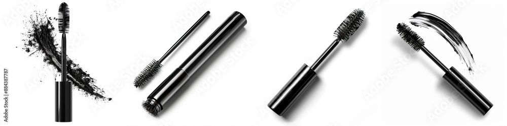 Set of black mascara wands and smeared mascara on white background, representing makeup and beauty products. Set of black mascara wands and smeared mascara on white background, representing makeup and beauty products.