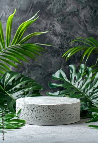 Concrete podium surrounded by lush green tropical leaves with textured gray background © Georgii