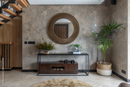 A stylish entrance featuring a decorative mirror and a convenient shoe rack, perfect for a modern home. The mirror adds a touch of sophistication, while the shoe rack keeps clutter at bay. photo