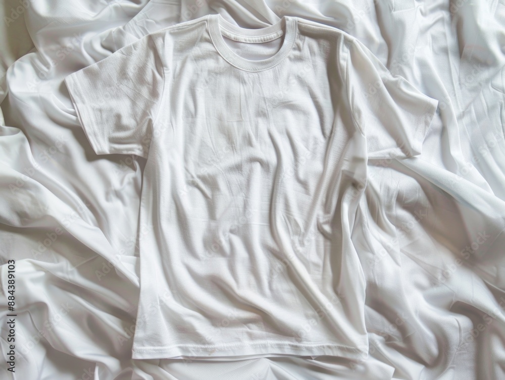 Obraz premium A white shirt laid on top of a bed, perfect for use in lifestyle and interior design images