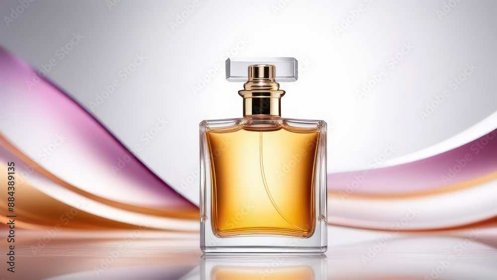 Abstract flowing waves with perfume bottle on white background with beautiful bokeh and with copy space Abstract flowing waves with perfume bottle on white background with beautiful bokeh and with copy space