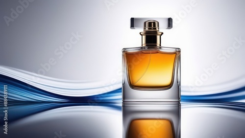 Abstract flowing waves with perfume bottle on white background with beautiful bokeh and with copy space