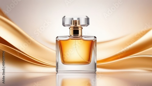 Abstract flowing waves with perfume bottle on white background with beautiful bokeh and with copy space