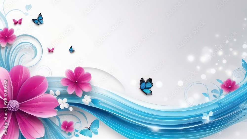 Abstract flowing waves with beautiful flowers and butterflies on white background with beautiful bokeh and with copy space Abstract flowing waves with beautiful flowers and butterflies on white background with beautiful bokeh and with copy space