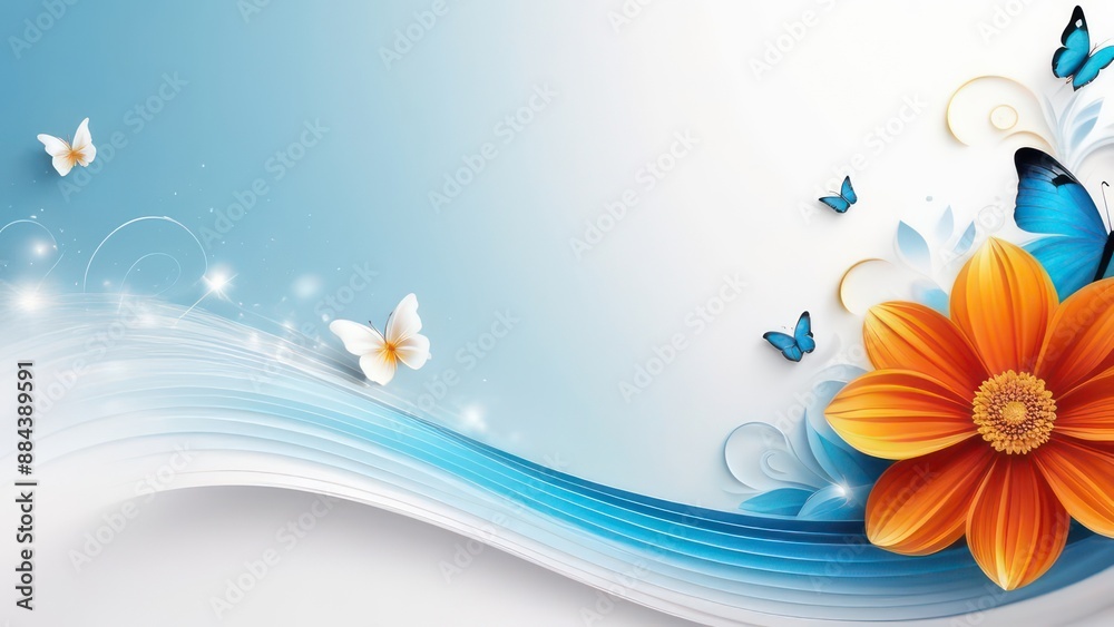Abstract flowing waves with beautiful flowers and butterflies on white background with beautiful bokeh and with copy space Abstract flowing waves with beautiful flowers and butterflies on white background with beautiful bokeh and with copy space