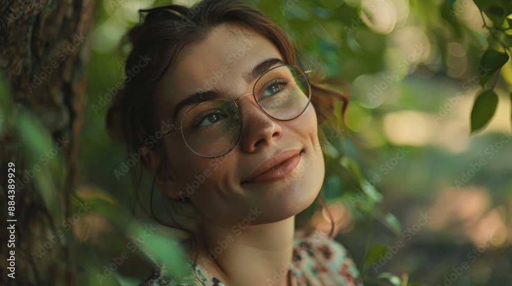 A woman stands next to a tree, wearing glasses and likely taking in the surroundings A woman stands next to a tree, wearing glasses and likely taking in the surroundings