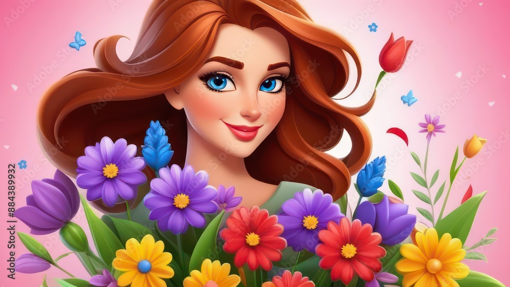 Cartoon Woman with flowers. Happy International Women's Day, Mother's day, birthday card Cartoon Woman with flowers. Happy International Women's Day, Mother's day, birthday card
