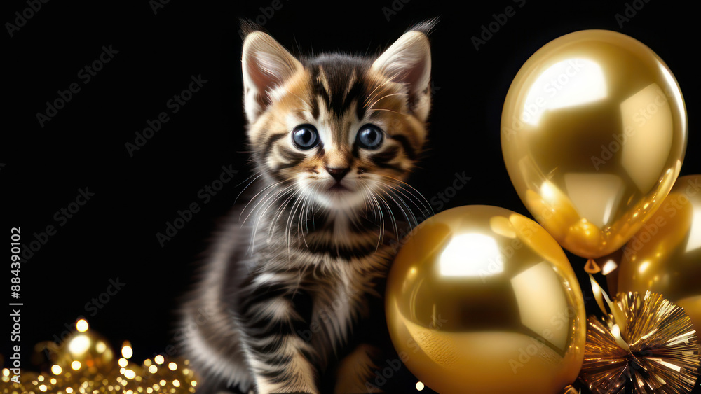 Cat with gold foil balloons and golden stars. Kitten on a Christmas festive black background. Cat with gold foil balloons and golden stars. Kitten on a Christmas festive black background.
