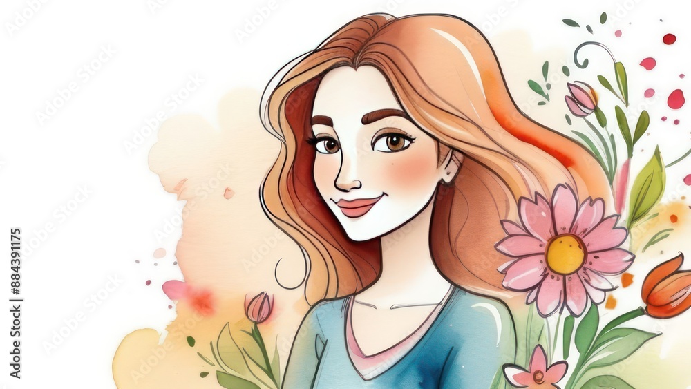 Cartoon Woman with flowers. Happy International Women's Day, Mother's day, birthday card Cartoon Woman with flowers. Happy International Women's Day, Mother's day, birthday card