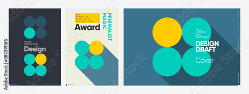Elegant minimalist poster designs using overlapping circles and muted colors, perfect for awards, media covers, and graphic presentations.