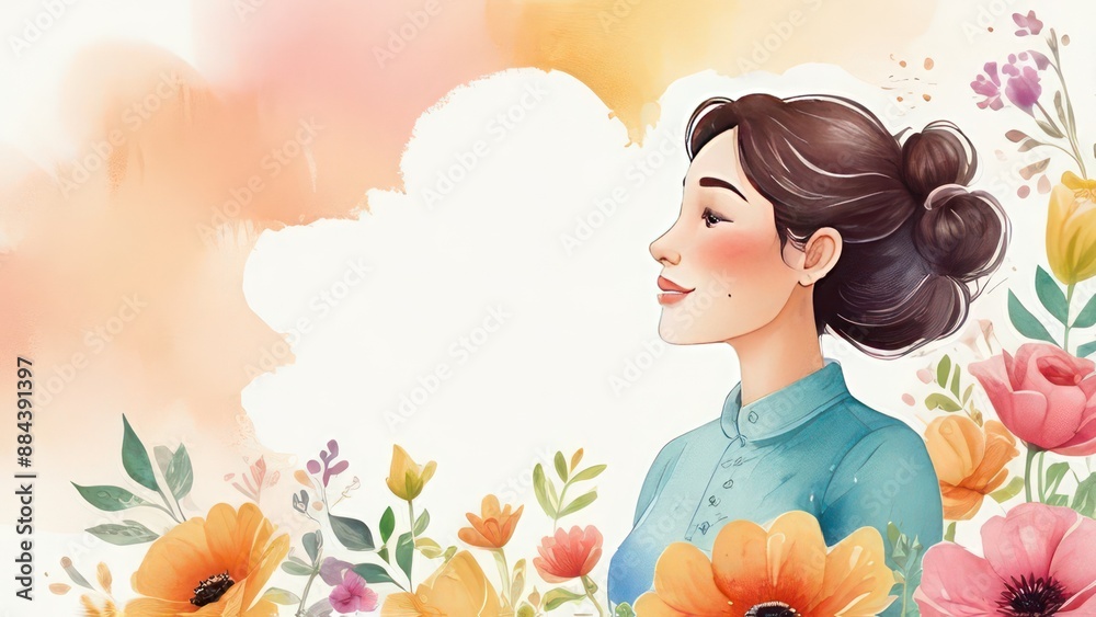 Cartoon Woman with flowers. Happy International Women's Day, Mother's day, birthday card Cartoon Woman with flowers. Happy International Women's Day, Mother's day, birthday card