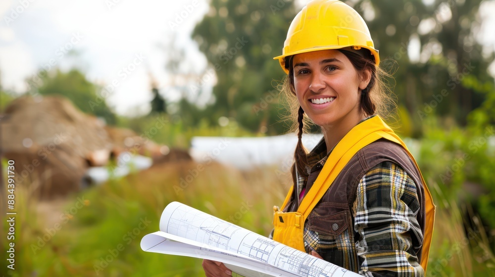 Female construction worker holding blueprints.