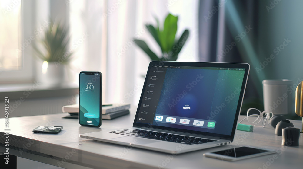 A modern laptop and smartphone on a sleek desk, both displaying synchronized notifications A modern laptop and smartphone on a sleek desk, both displaying synchronized notifications