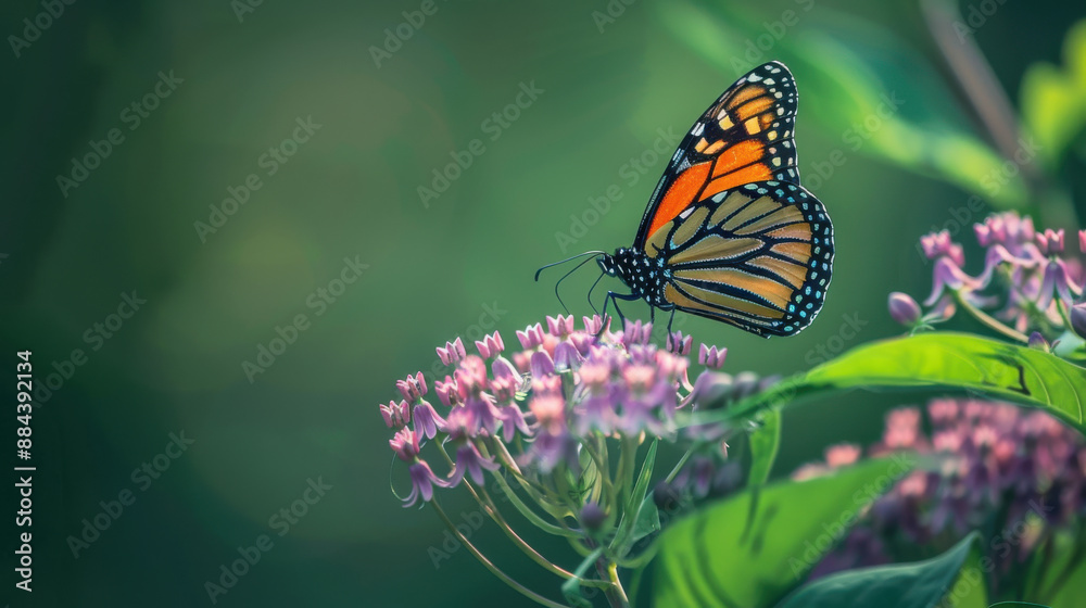Naklejka premium A monarch butterfly on a milkweed plant, illustrating the relationship between species
