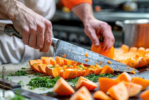 A chef expertly slices a pumpkin on a cutting board in a kitchen photo