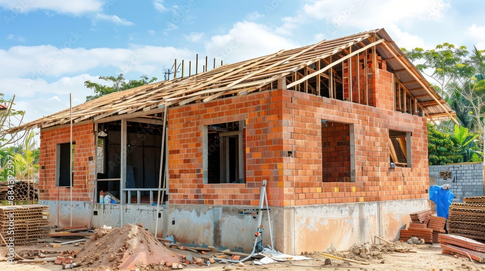 House under construction with bricklaying in progress. House under construction with bricklaying in progress.