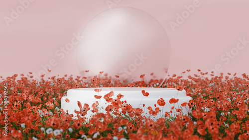 White podium in a poppy field. 3D render of a geometric platform in colors. Product display presentation.