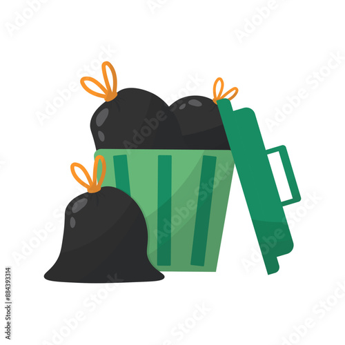 Green Trash Can with Black Garbage Bags and Orange Ties. Vector illustration. Recycle concept. Waste management