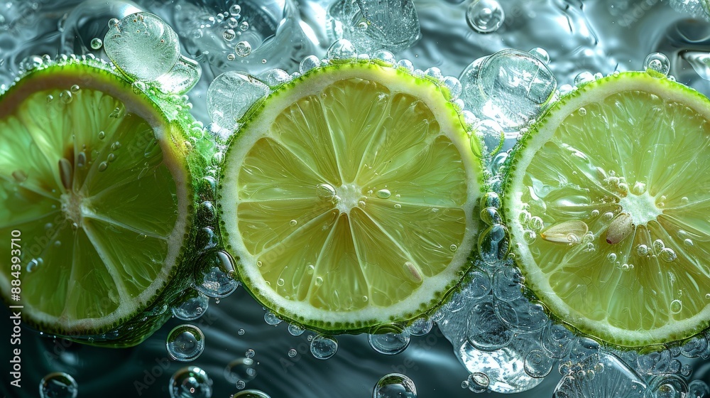 green lemon slices and ice cubes in whitewater, bubble green lemon slices and ice cubes in whitewater, bubble